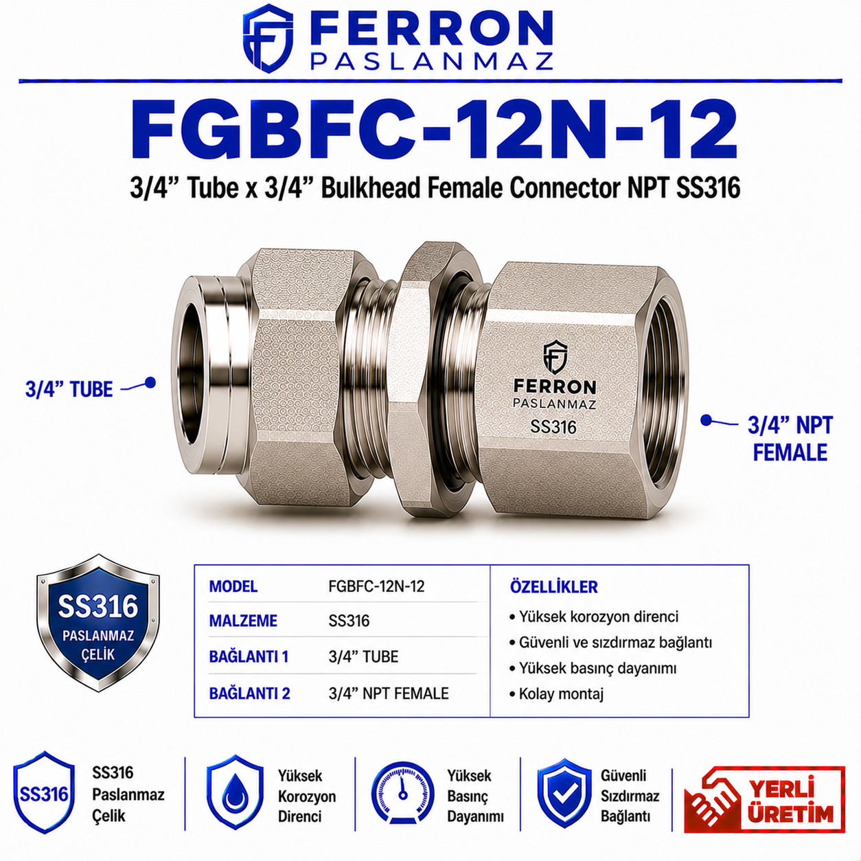 36231a3b-1e05-4c7f-bb9c-8f70c5503d29 FGBFC-12N-12 | 3/4" Tube x 3/4" Bulkhead Female Connector NPT SS316 - Görsel 1