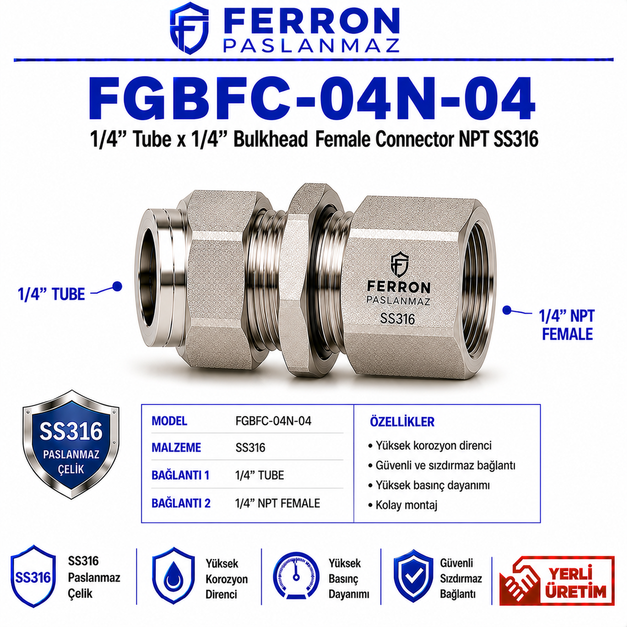 4fd7d1d8-dc64-4d5b-bfd3-3b93dd455ddd FGBFC-04N-04 | 1/4" Tube x 1/4" Bulkhead Female Connector NPT SS316 - Görsel 1