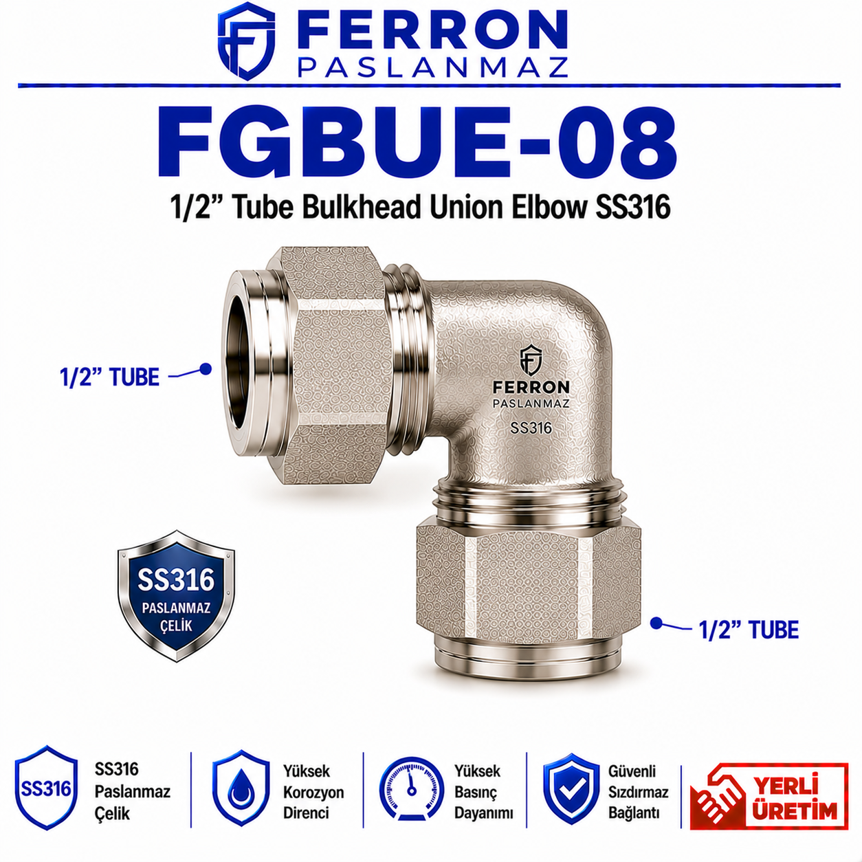 8883a468-2512-4639-a983-9c24119f8c5a FGBUE-08 | 1/2" Tube Bulkhead Union Elbow SS316 - Görsel 1