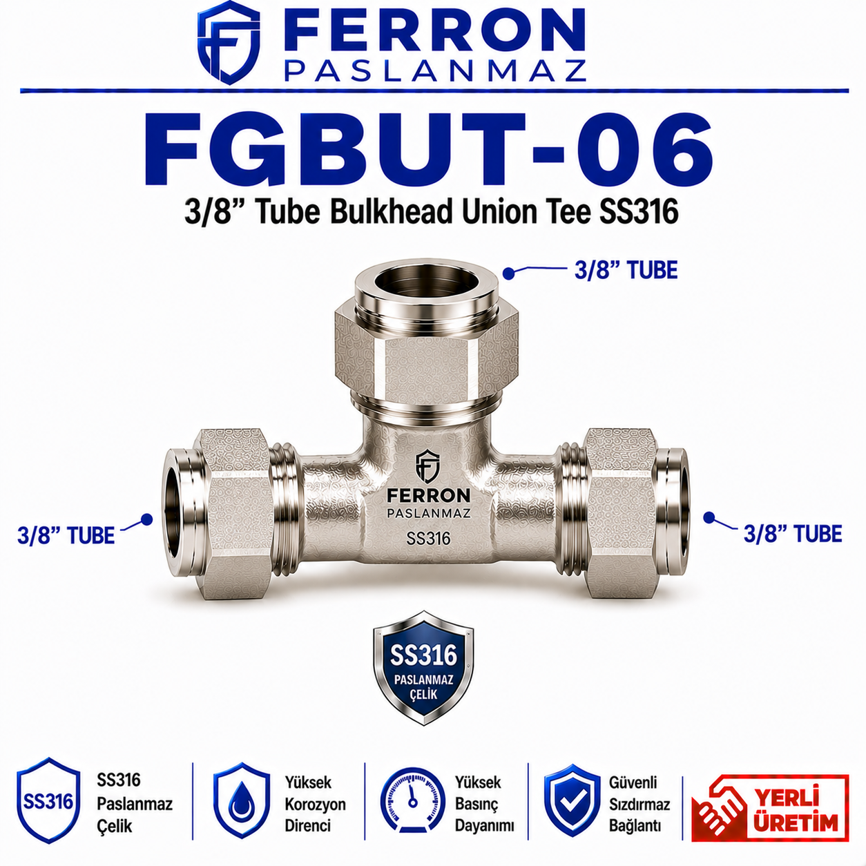 a3ec84db-0f5b-41d0-9f92-96bf3a8ac154 FGBUT-06 | 3/8" Tube Bulkhead Union Tee SS316 - Görsel 1
