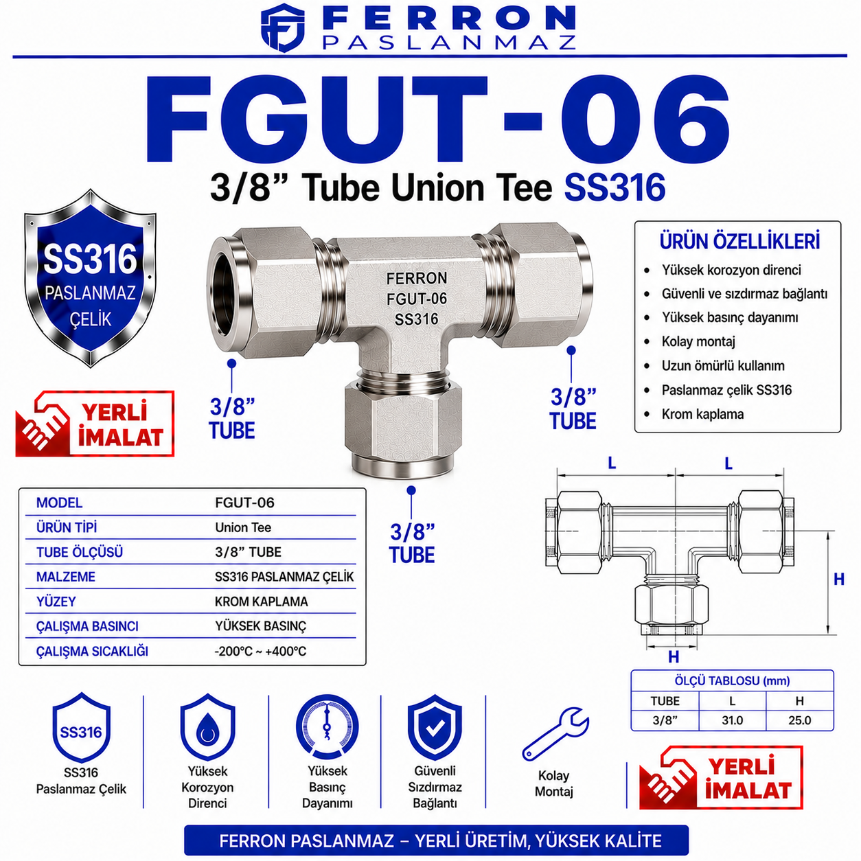 chromium''krom yerli imalat logolu'' FGUT-06 3/8” Tube Union Tee SS316 krom paslanmaz çelik, Ferron logolu yerli imalat ürün görseli