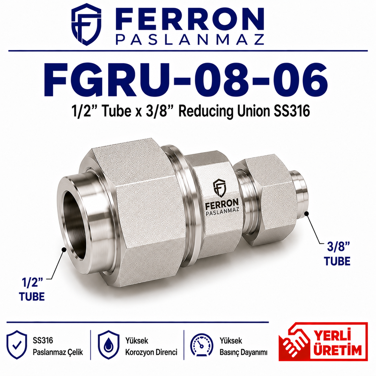 d4f3fa4f-3643-491b-8b17-7e57a6c39c85 FGRU-08-06 | 1/2" Tube x 3/8" Reducing Union SS316 - Görsel 1