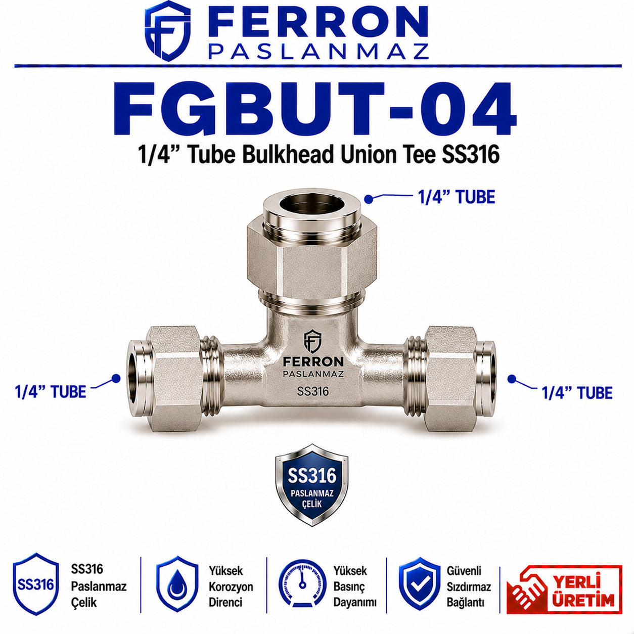 d9534348-690d-4b6d-9c20-448736ebd9ac FGBUT-04 | 1/4" Tube Bulkhead Union Tee SS316 - Görsel 1