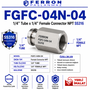 FGFC-04N-04 1/4” Tube x 1/4” Female Connector NPT SS316 paslanmaz çelik, Ferron logolu yerli imalat ürün görseli