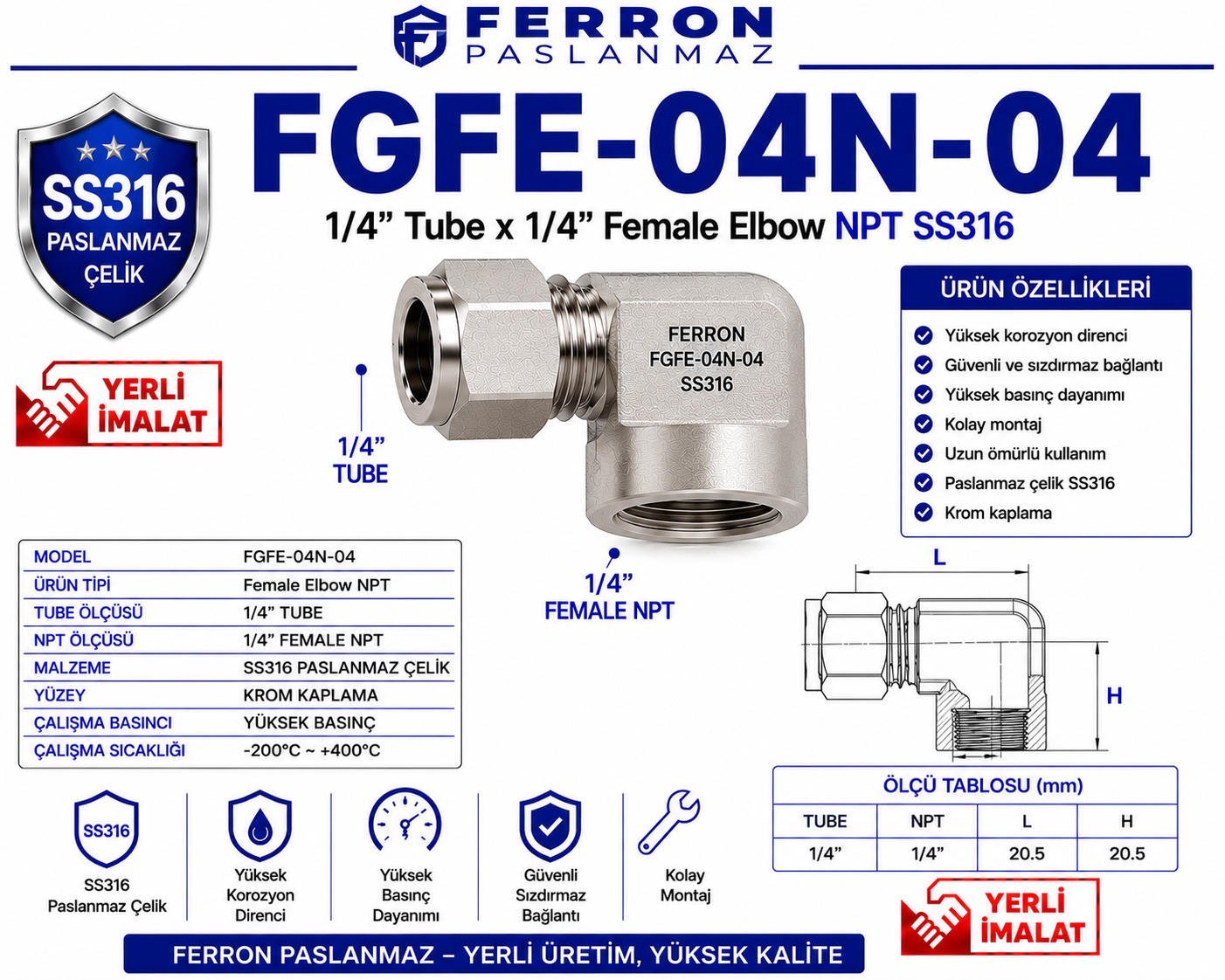 fgfe-04n-04-1-4-tube-x-1-4-female-elbow-npt-ss316-krom-ferron-paslanmaz-yerli-imalat FGFE-04N-04 1/4” Tube x 1/4” Female Elbow NPT SS316 paslanmaz çelik, Ferron logolu yerli imalat ürün görseli