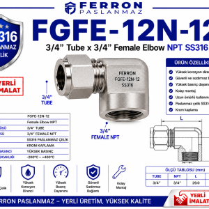 FGFE-12N-12 3/4” Tube x 3/4” Female Elbow NPT SS316 paslanmaz çelik, Ferron logolu yerli imalat ürün görseli