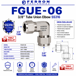 FGUE-06 3/8” Tube Union Elbow SS316 krom paslanmaz çelik, Ferron logolu yerli imalat ürün görseli