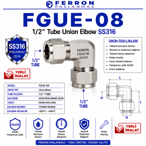FGUE-08 1/2” Tube Union Elbow SS316 krom paslanmaz çelik, Ferron logolu yerli imalat ürün görseli