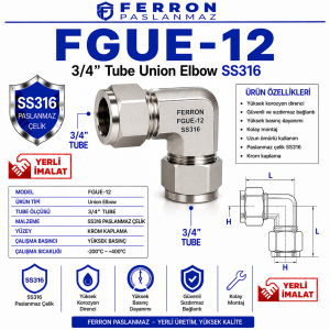 FGUE-12 3/4” Tube Union Elbow SS316 krom paslanmaz çelik, Ferron logolu yerli imalat ürün görseli